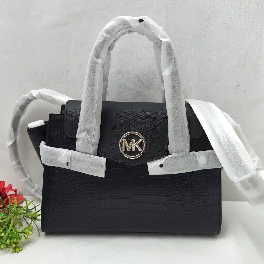 Michael Kors Carmen Black Leather Crocodile Embossed Flap Satchel Bag - NWT $598